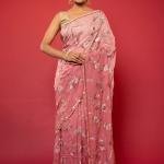 Dusky Pink Pure Chiffon Saree with Aari Sequins Jaal Work | Zardozi, Dabka | Jaipurio Shaded Saree